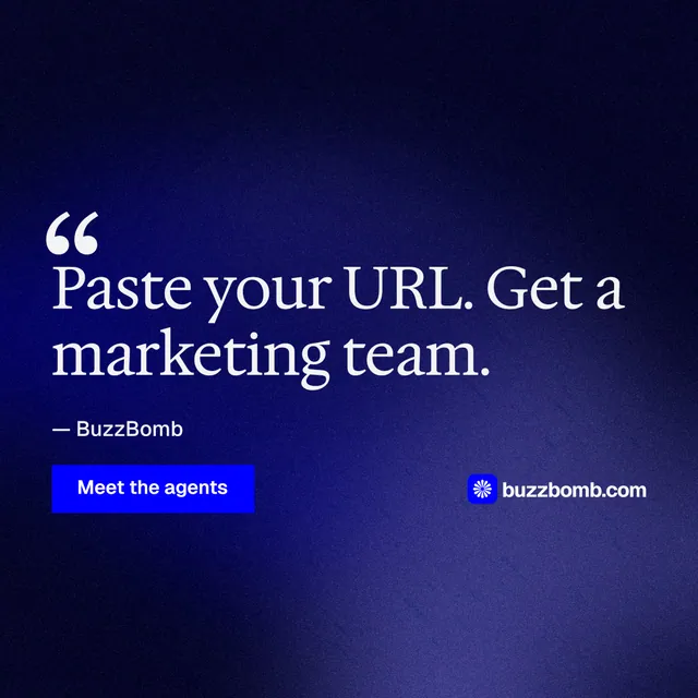 Instagram post for BuzzBomb: "Nothing ships unapproved." Swiss style, quote layout, dark palette in black, blue.