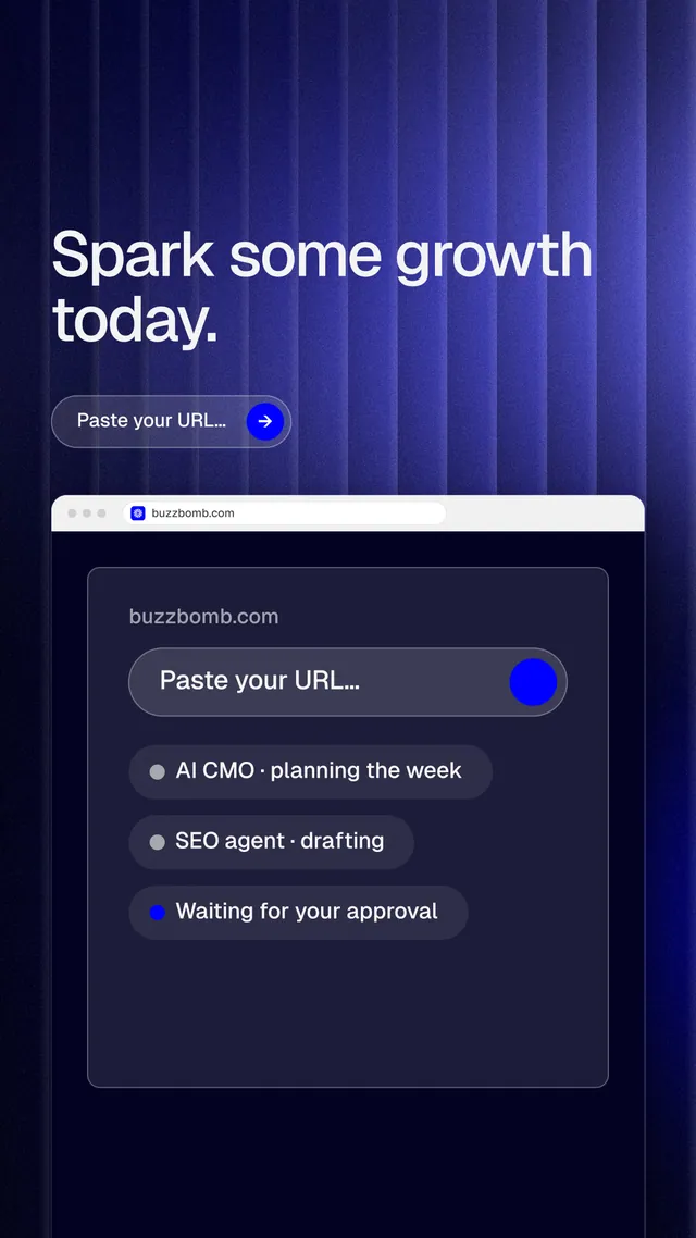 Instagram story for BuzzBomb: "Spark some growth today." Agentic glass style, browser layout, dark palette in blue, black, grey.