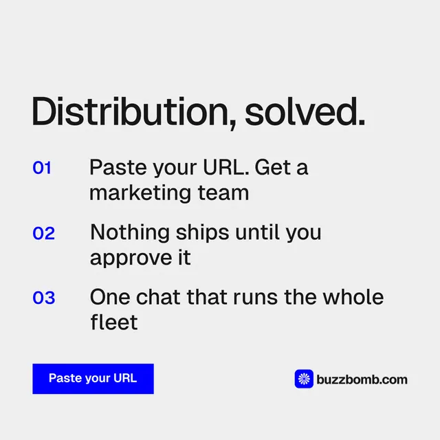 Instagram post for BuzzBomb: "Distribution, solved." Swiss style, numbered layout, light palette in white.
