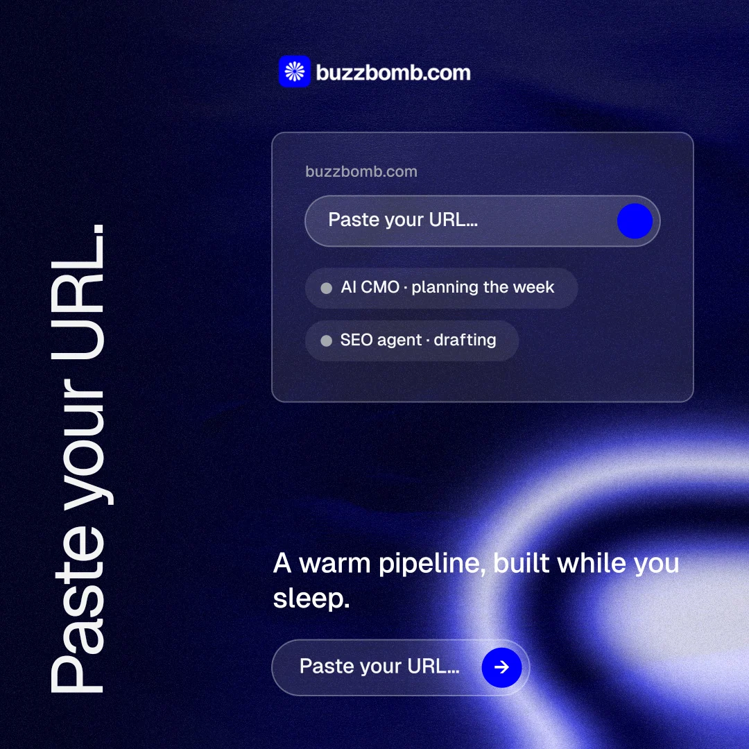 Instagram post for BuzzBomb: "Paste your URL." Agentic glass style, vertical layout, dark palette in blue, black.