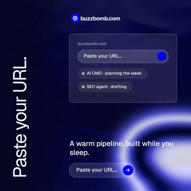 Instagram post for BuzzBomb: "Paste your URL." Agentic glass style, vertical layout, dark palette in blue, black.