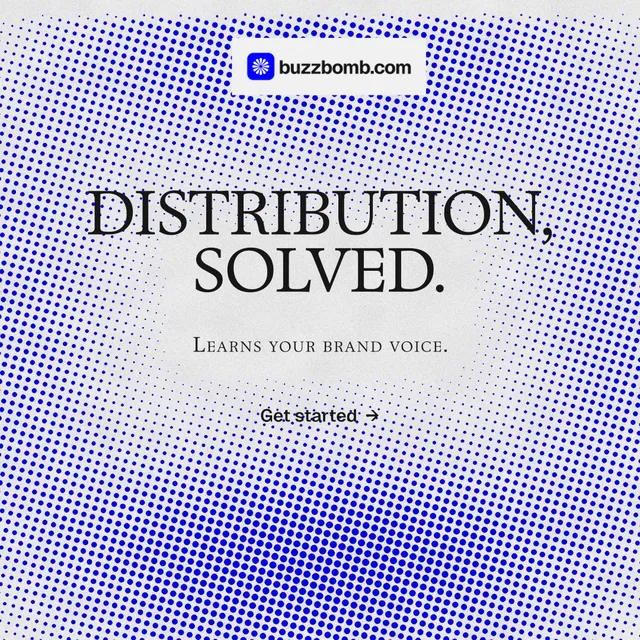 Instagram post for BuzzBomb: "Distribution, solved." Swiss style, smallcaps layout, light palette in white, blue.