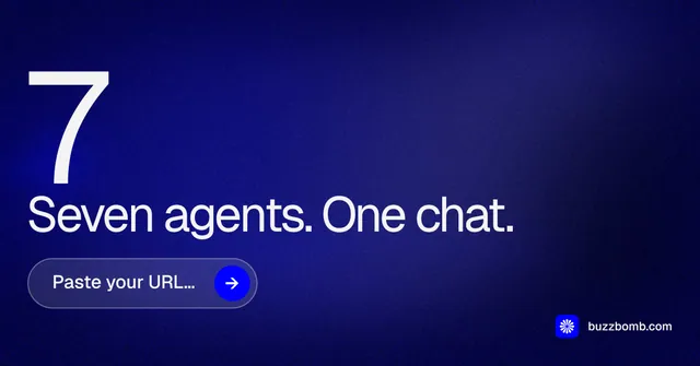 Social ad for BuzzBomb: "Seven agents. One chat." Agentic glass style, stat layout, dark palette in blue.