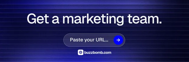 X header for BuzzBomb: "Get a marketing team." Agentic glass style, skeleton layout, dark palette in blue, black.