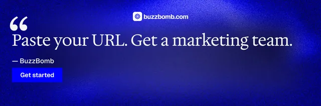 X header for BuzzBomb: "Seven agents. One chat." Swiss style, quote layout, dark palette in blue.