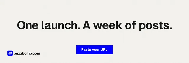 X header for BuzzBomb: "One launch. A week of posts." Swiss style, centred layout, light palette in white, blue.