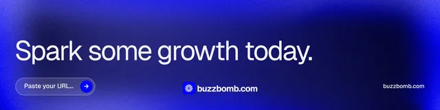 LinkedIn banner for BuzzBomb: "Spark some growth today." Agentic glass style, poster layout, dark palette in blue.
