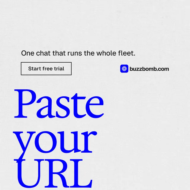 Instagram post for BuzzBomb: "Paste your URL." Editorial style, oversized layout, light palette in white, blue.