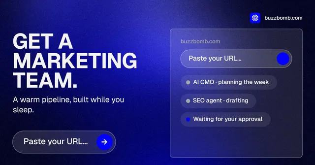 Social ad for BuzzBomb: "Get a marketing team." Agentic glass style, bottom layout, dark palette in blue.