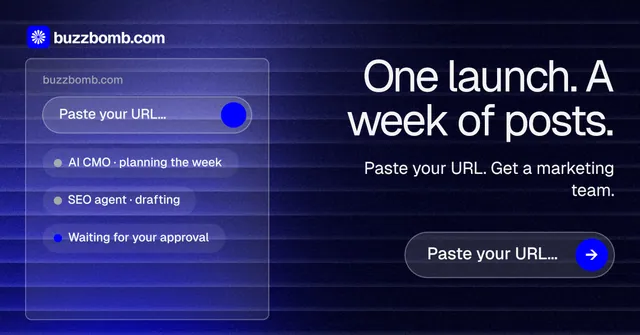 Social ad for BuzzBomb: "One launch. A week of posts." Agentic glass style, right layout, dark palette in blue, black.