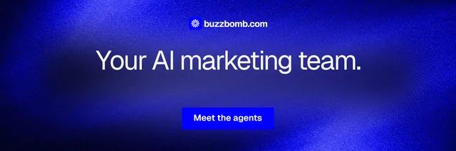 X header for BuzzBomb: "Your AI marketing team." Swiss style, centred layout, dark palette in blue.