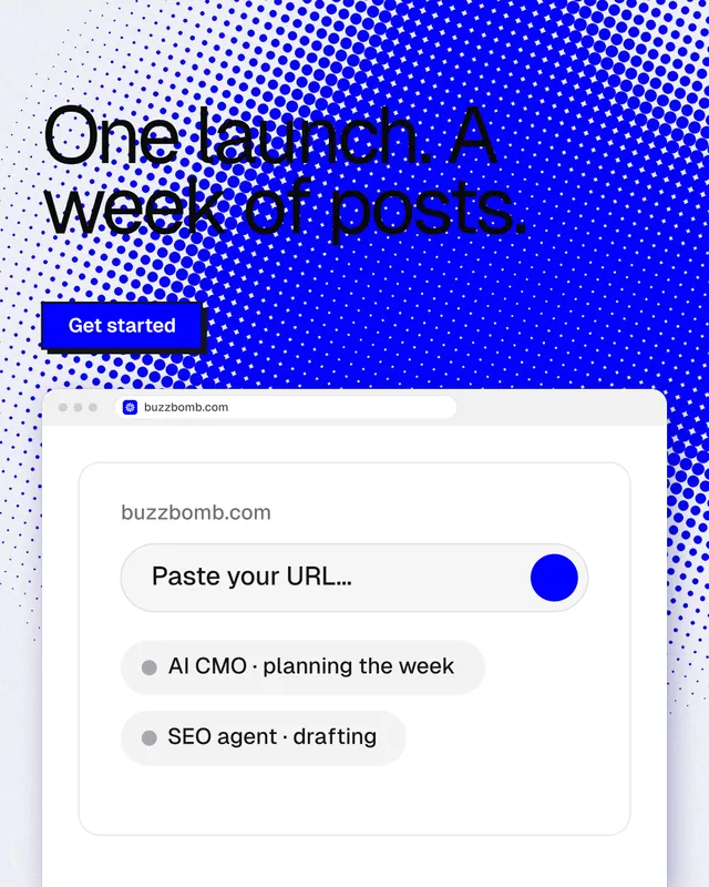 Instagram portrait post for BuzzBomb: "One launch. A week of posts." Brutalist style, browser layout, light palette in blue, white.