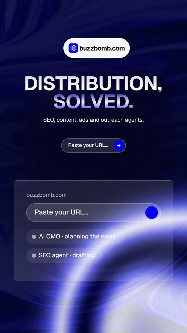 Instagram story for BuzzBomb: "Distribution, solved." Agentic glass style, centred layout, dark palette in black, blue.