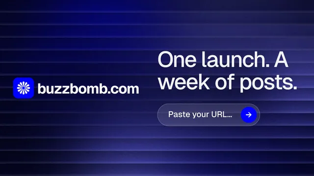Landscape graphic for BuzzBomb: "One launch. A week of posts." Agentic glass style, logo hero layout, dark palette in black, blue.