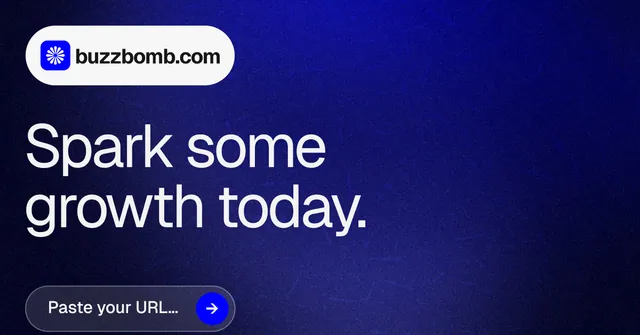 Social ad for BuzzBomb: "Spark some growth today." Agentic glass style, announce layout, dark palette in black, blue, grey.