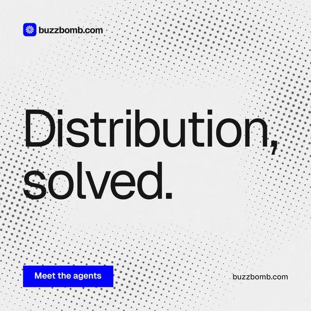 Instagram post for BuzzBomb: "Distribution, solved." Swiss style, poster layout, light palette in white, grey.