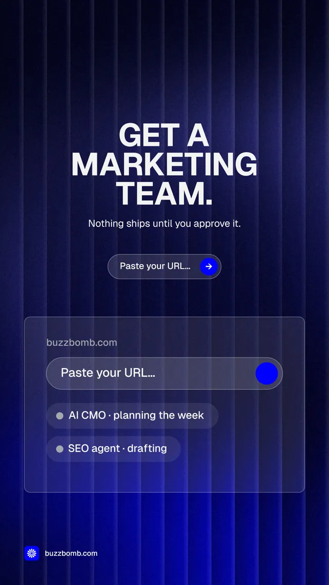 Instagram story for BuzzBomb: "Get a marketing team." Agentic glass style, centred layout, dark palette in black, blue, grey.