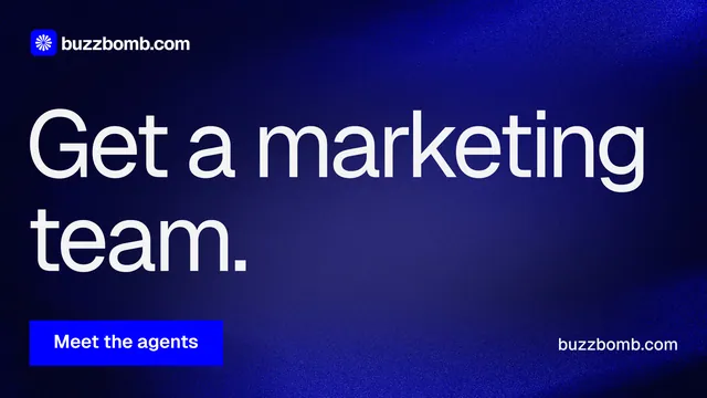 Landscape graphic for BuzzBomb: "Get a marketing team." Swiss style, poster layout, dark palette in black, blue, grey.