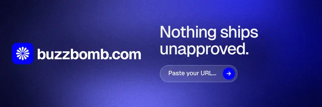 X header for BuzzBomb: "Nothing ships unapproved." Agentic glass style, logo hero layout, dark palette in blue.
