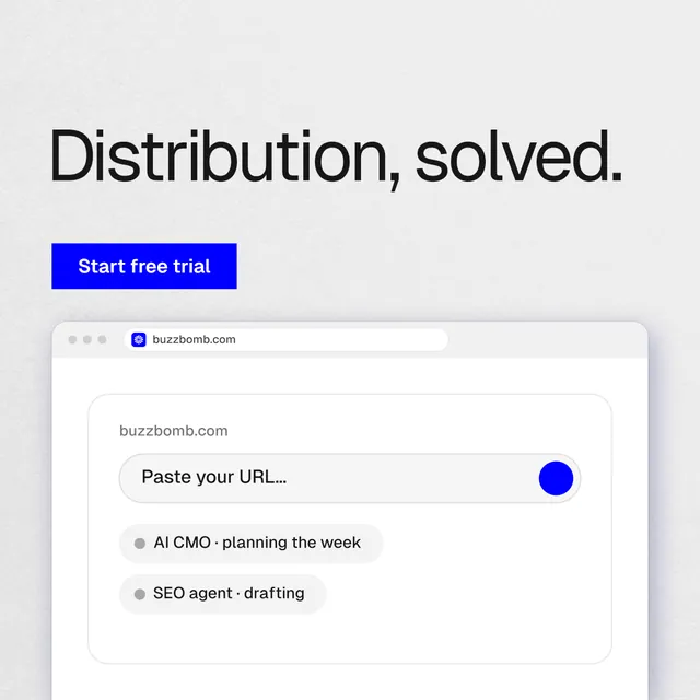 Instagram post for BuzzBomb: "Distribution, solved." Swiss style, browser layout, light palette in white, blue.
