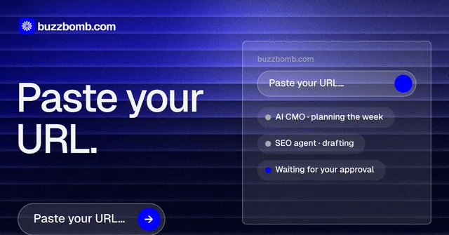 Social ad for BuzzBomb: "Paste your URL." Agentic glass style, bottom layout, dark palette in black, blue.