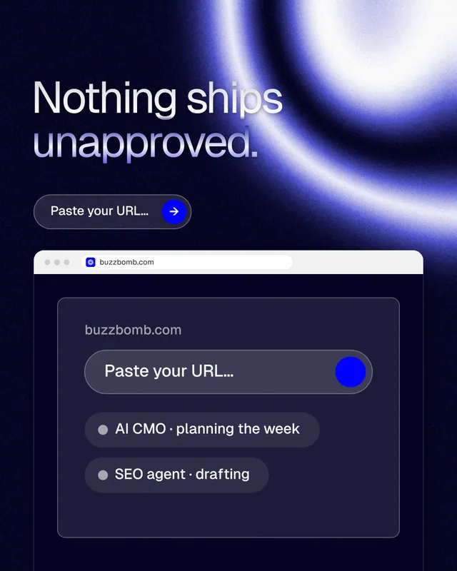 Instagram portrait post for BuzzBomb: "Nothing ships unapproved." Agentic glass style, browser layout, dark palette in blue, black.