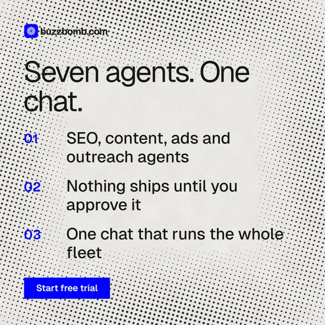 Instagram post for BuzzBomb: "Seven agents. One chat." Swiss style, numbered layout, light palette in white, grey.