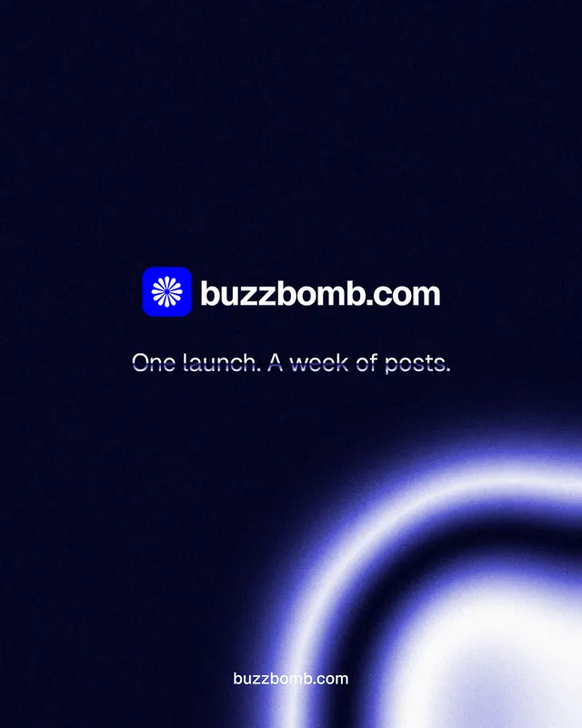 Instagram portrait post for BuzzBomb: "One launch. A week of posts." Agentic glass style, end card layout, dark palette in black, blue.