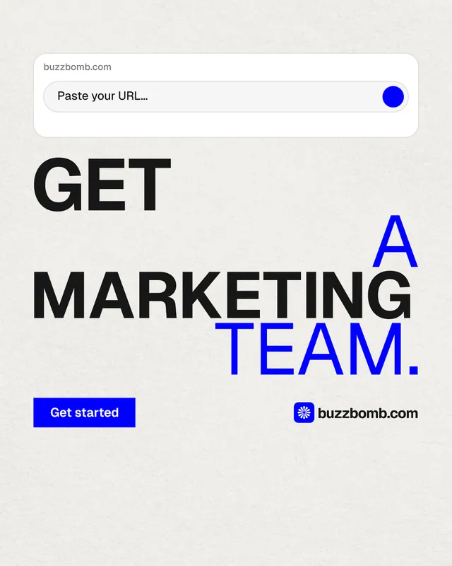 Instagram portrait post for BuzzBomb: "Get a marketing team." Swiss style, stacked layout, light palette in white, blue.