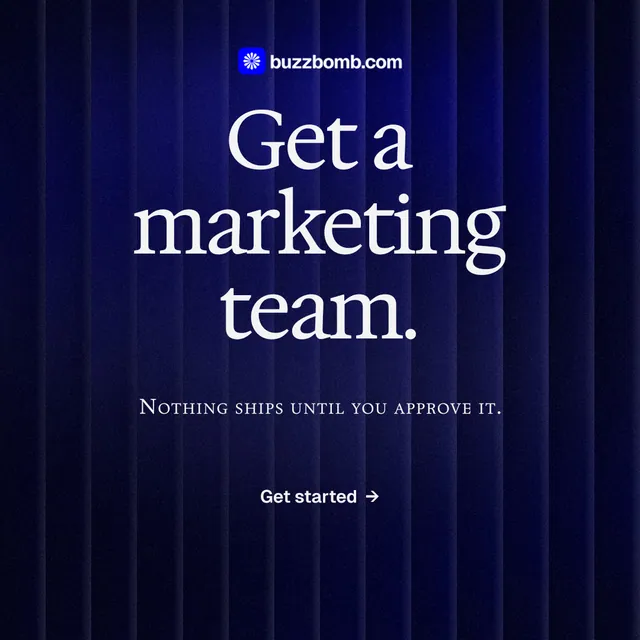 Instagram post for BuzzBomb: "Get a marketing team." Agentic glass style, smallcaps layout, dark palette in black, blue.