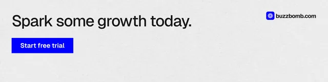 LinkedIn banner for BuzzBomb: "Spark some growth today." Swiss style, skeleton layout, light palette in white, blue.
