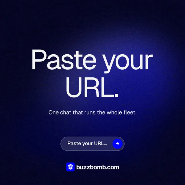 Instagram post for BuzzBomb: "Paste your URL." Agentic glass style, centred layout, dark palette in black, blue.