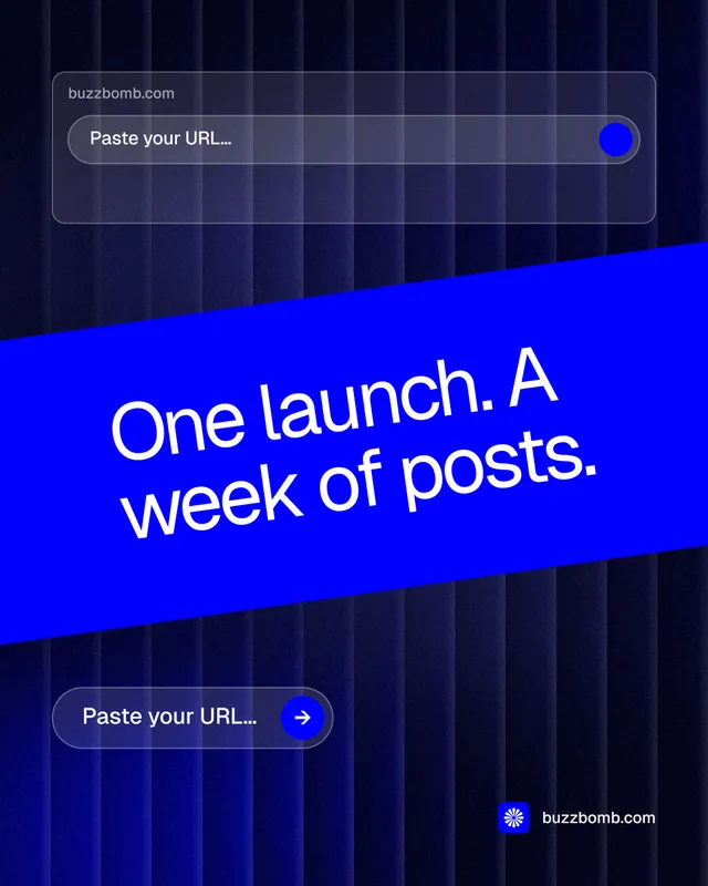 Instagram portrait post for BuzzBomb: "One launch. A week of posts." Agentic glass style, diagonal layout, dark palette in blue.