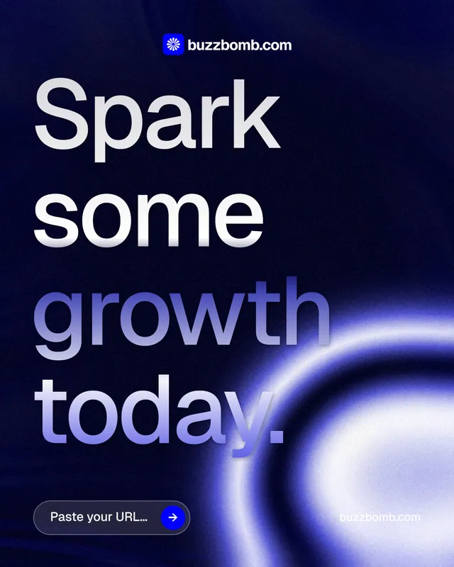 Instagram portrait post for BuzzBomb: "Spark some growth today." Agentic glass style, poster layout, dark palette in black, blue.