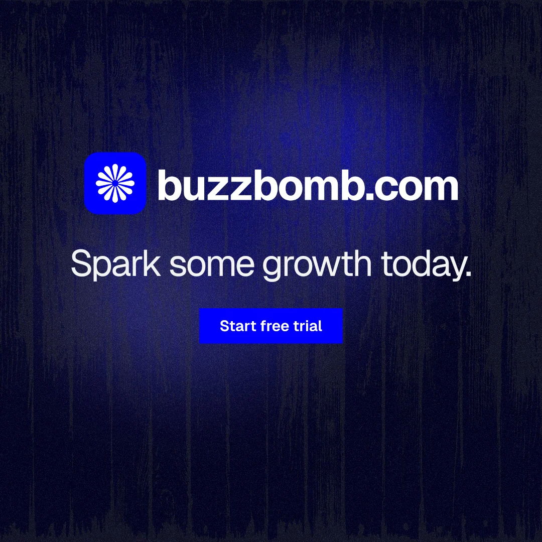 Instagram post for BuzzBomb: "Spark some growth today." Swiss style, logo hero layout, dark palette in black, blue.