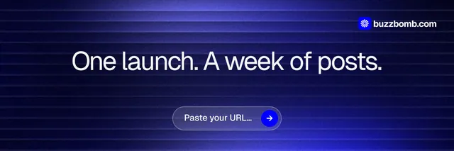 X header for BuzzBomb: "One launch. A week of posts." Agentic glass style, centred layout, dark palette in black, blue.