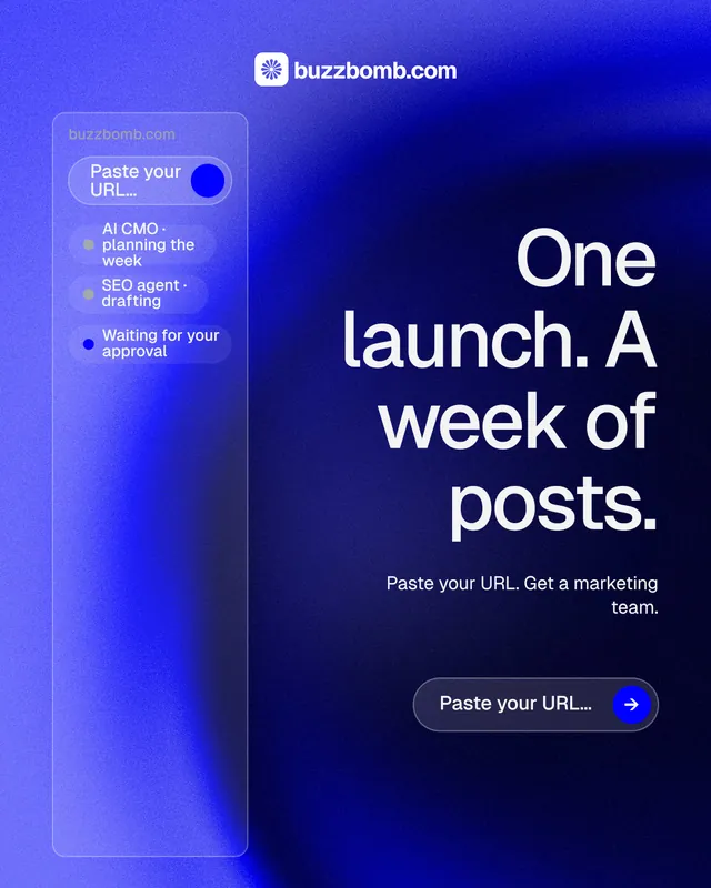 Instagram portrait post for BuzzBomb: "One launch. A week of posts." Agentic glass style, right layout, dark palette in blue.