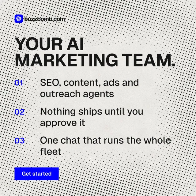 Instagram post for BuzzBomb: "Your AI marketing team." Swiss style, numbered layout, light palette in white, grey.
