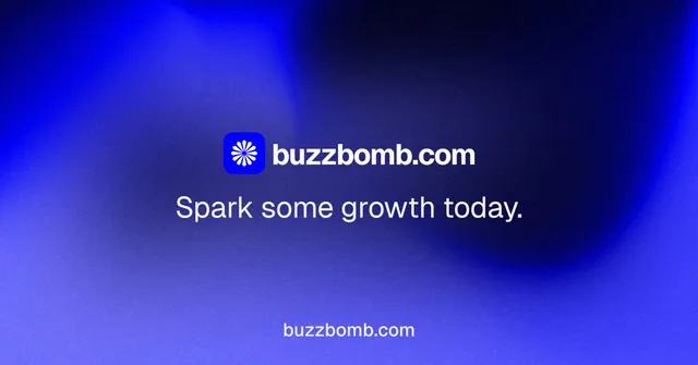 Social ad for BuzzBomb: "Spark some growth today." Agentic glass style, end card layout, dark palette in blue.