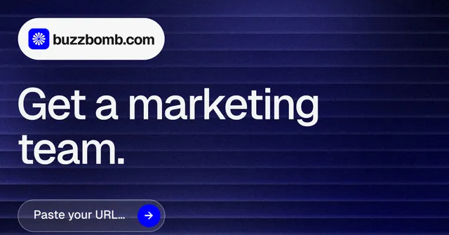 Social ad for BuzzBomb: "Get a marketing team." Agentic glass style, announce layout, dark palette in blue, grey.