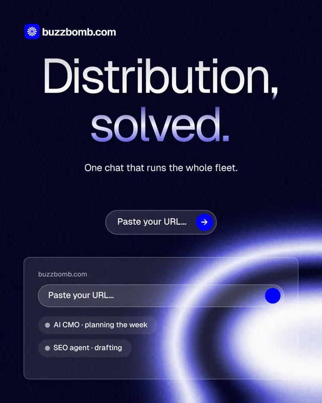 Instagram portrait post for BuzzBomb: "Distribution, solved." Agentic glass style, centred layout, dark palette in black, blue.