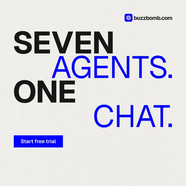 Instagram post for BuzzBomb: "Seven agents. One chat." Swiss style, stacked layout, light palette in white, blue.