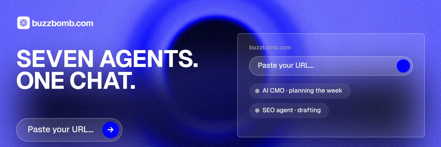 X header for BuzzBomb: "Seven agents. One chat." Agentic glass style, bottom layout, dark palette in blue.