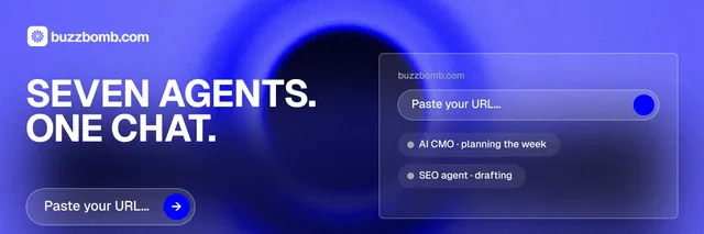 X header for BuzzBomb: "Seven agents. One chat." Agentic glass style, bottom layout, dark palette in blue.
