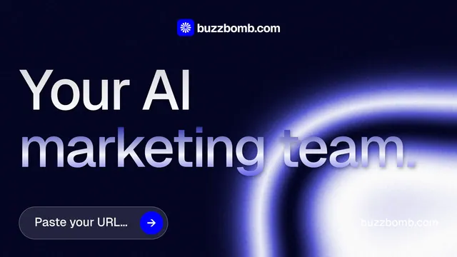 Landscape graphic for BuzzBomb: "Your AI marketing team." Agentic glass style, poster layout, dark palette in black, blue.