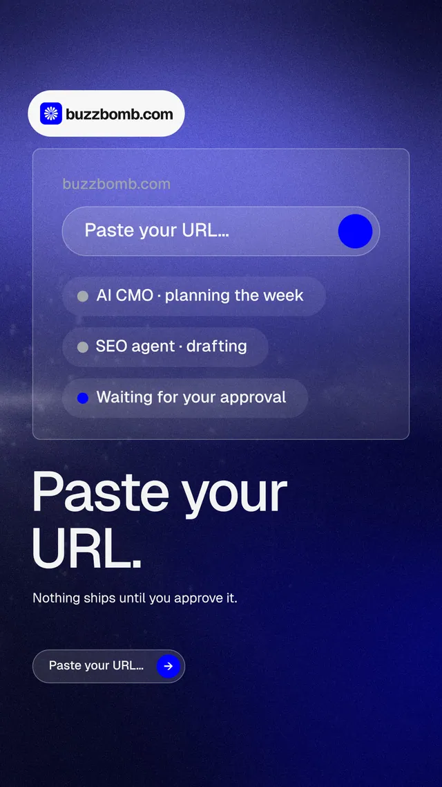 Instagram story for BuzzBomb: "Paste your URL." Agentic glass style, bottom layout, dark palette in blue.