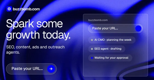 Social ad for BuzzBomb: "Spark some growth today." Agentic glass style, bottom layout, dark palette in blue.