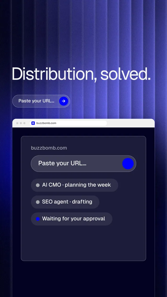 Instagram story for BuzzBomb: "Distribution, solved." Agentic glass style, browser layout, dark palette in blue, black.