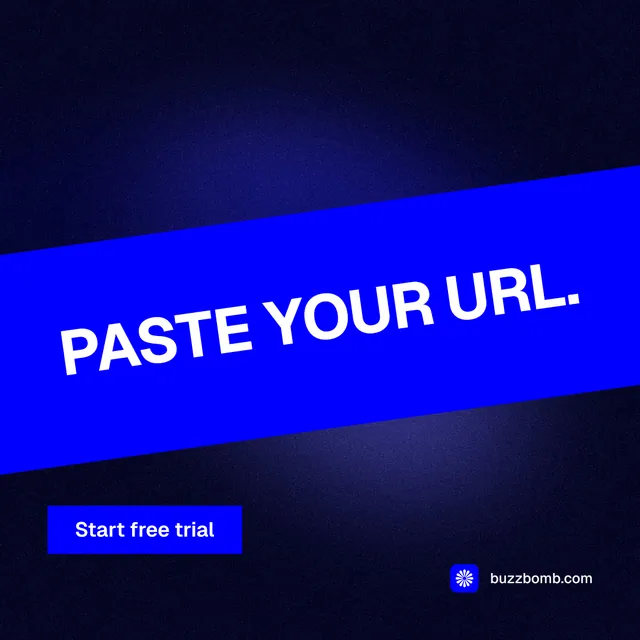 Instagram post for BuzzBomb: "Paste your URL." Swiss style, diagonal layout, dark palette in black, blue.