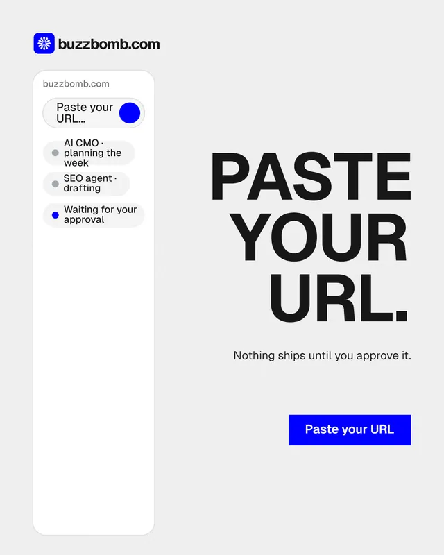 Instagram portrait post for BuzzBomb: "Paste your URL." Swiss style, right layout, light palette in white, grey.